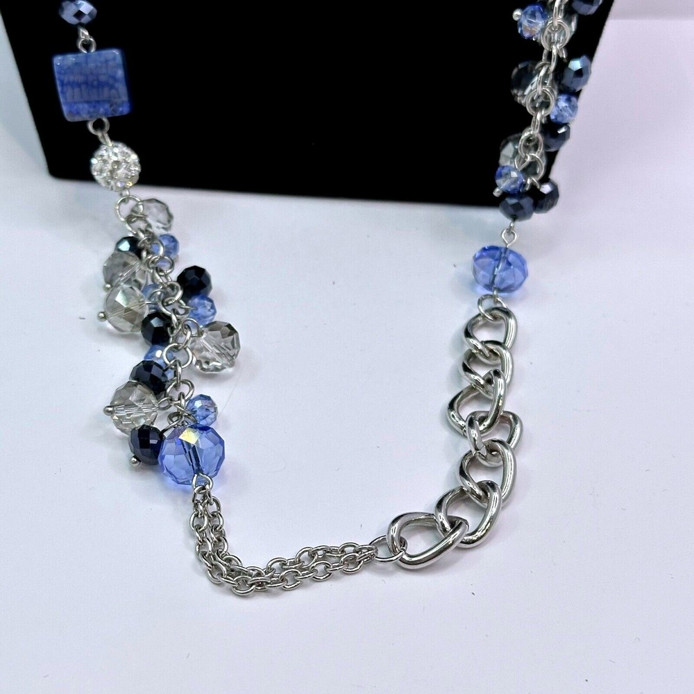Blue Beaded Silver Tone Long Statement Necklace Mixed Chain Rhinestone Clusters